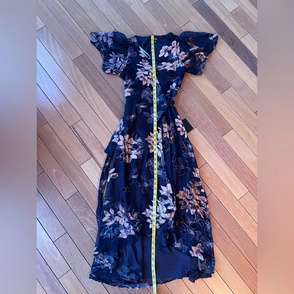 Lulus Navy Floral High Low Feminine Flowy Midi Dress Velvet Detail | Small NWT
